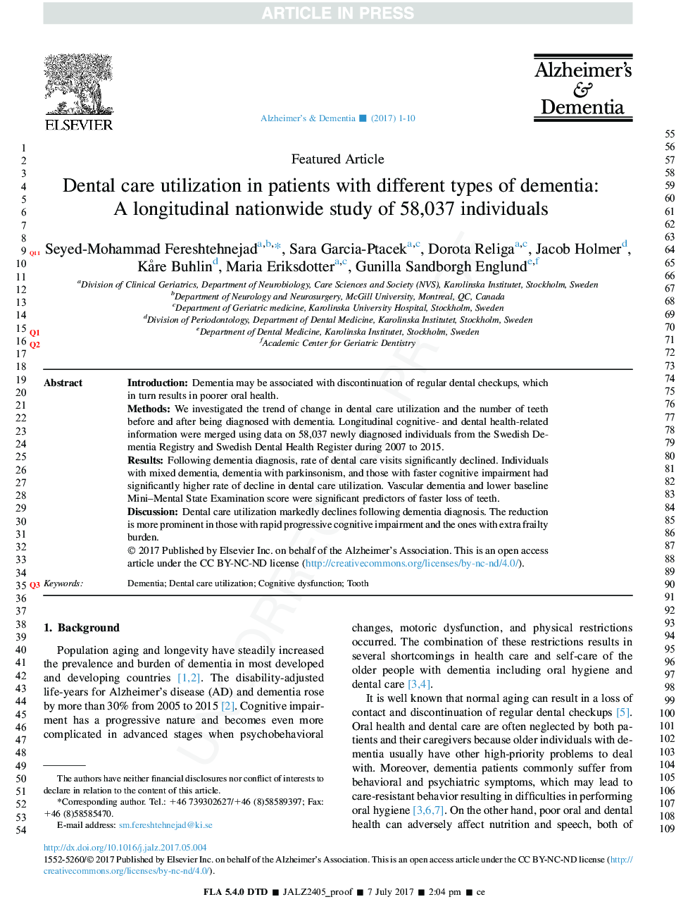 Dental care utilization in patients with different types of dementia: AÂ longitudinal nationwide study of 58,037 individuals