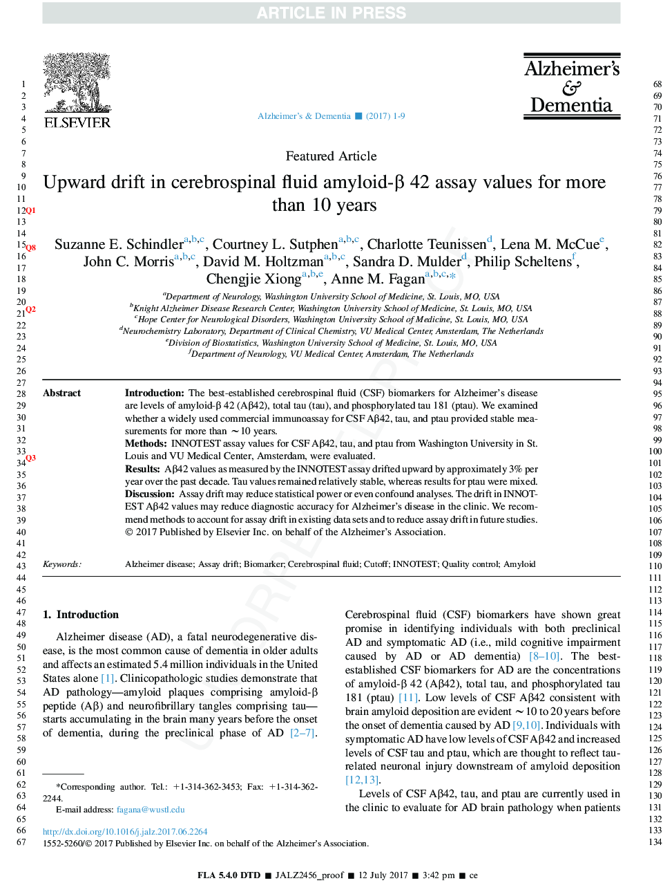 Upward drift in cerebrospinal fluid amyloid Î² 42 assay values for more than 10Â years
