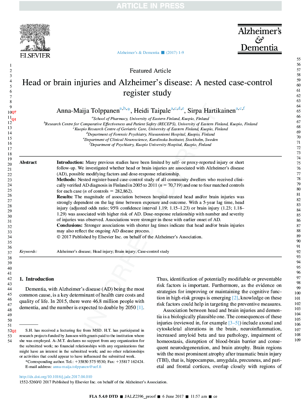Head or brain injuries and Alzheimer's disease: A nested case-control register study