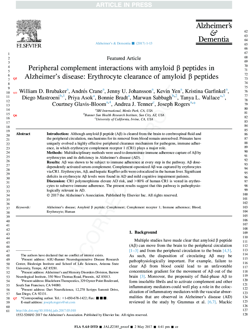 Peripheral complement interactions with amyloid Î² peptide: Erythrocyte clearance mechanisms