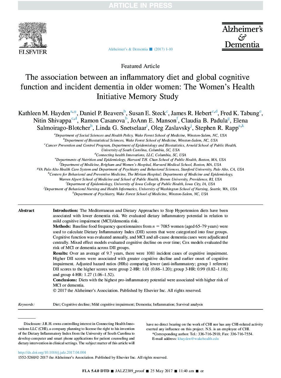 ارتباط بین رژیم التهابی و عملکرد شناختی جهانی و زوال عقل در زنان مسن تر: مطالعه حافظه ابتکار بهداشت زنان 
