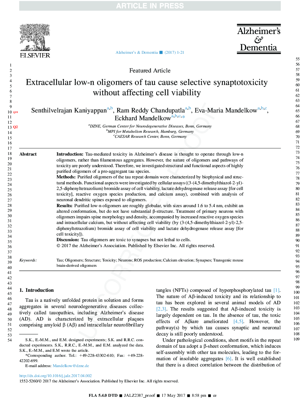 Extracellular low-n oligomers of tau cause selective synaptotoxicity without affecting cell viability