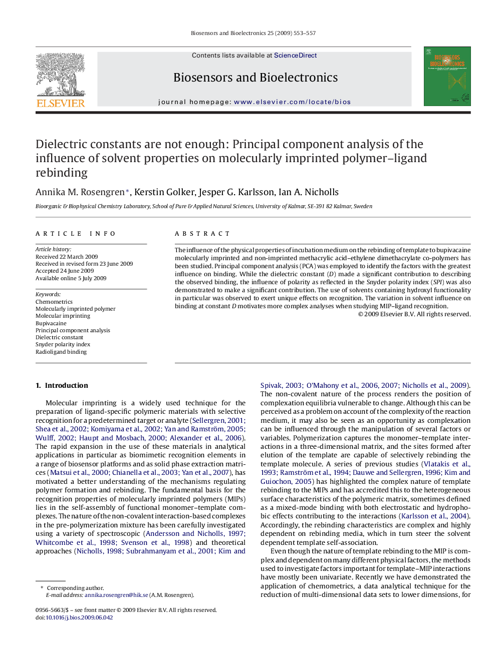 Dielectric constants are not enough: Principal component analysis of the influence of solvent properties on molecularly imprinted polymer–ligand rebinding