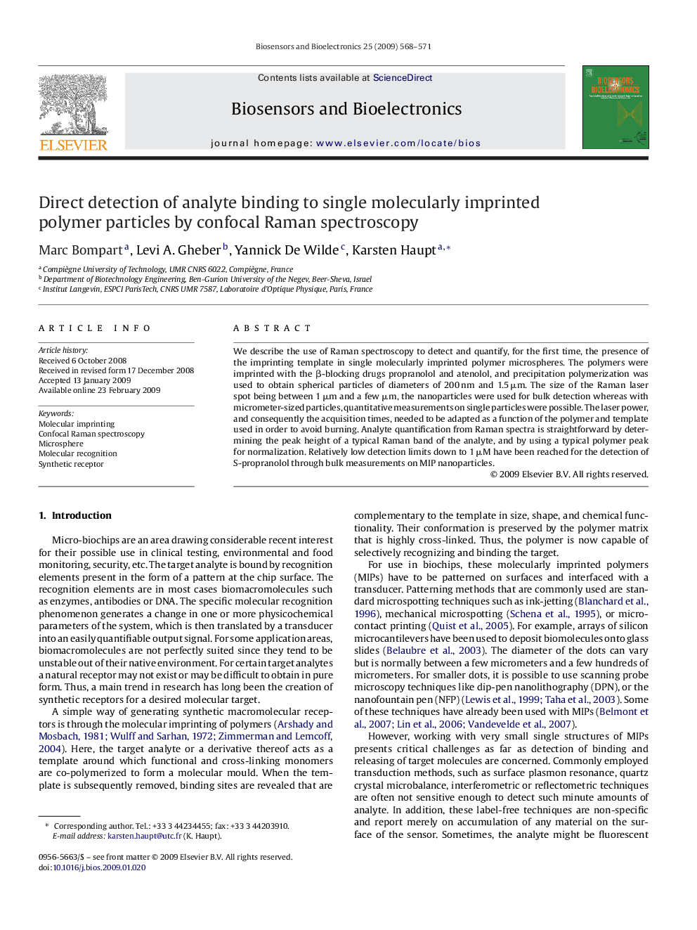 Direct detection of analyte binding to single molecularly imprinted polymer particles by confocal Raman spectroscopy