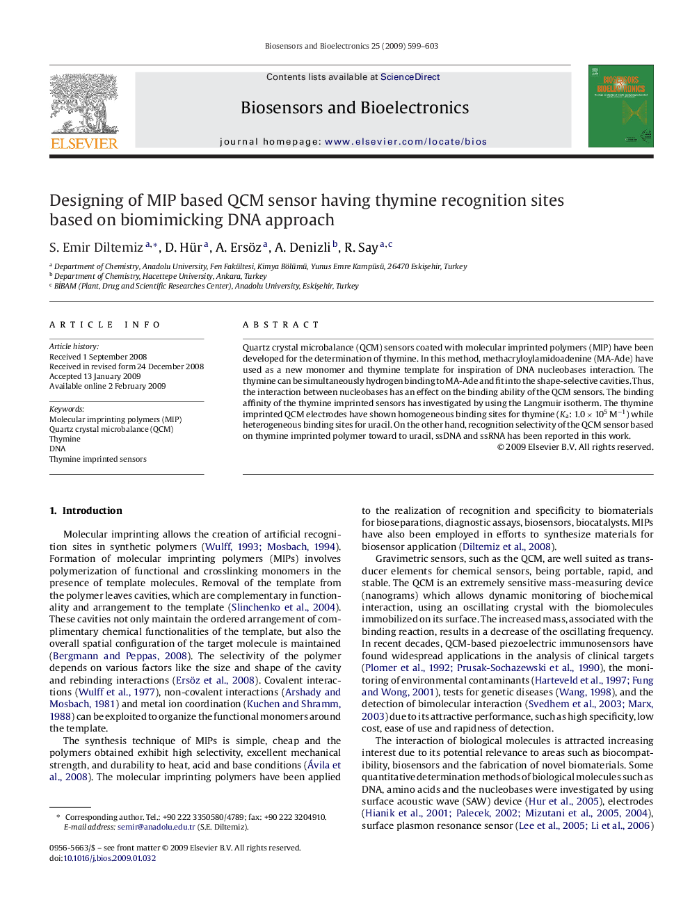 Designing of MIP based QCM sensor having thymine recognition sites based on biomimicking DNA approach