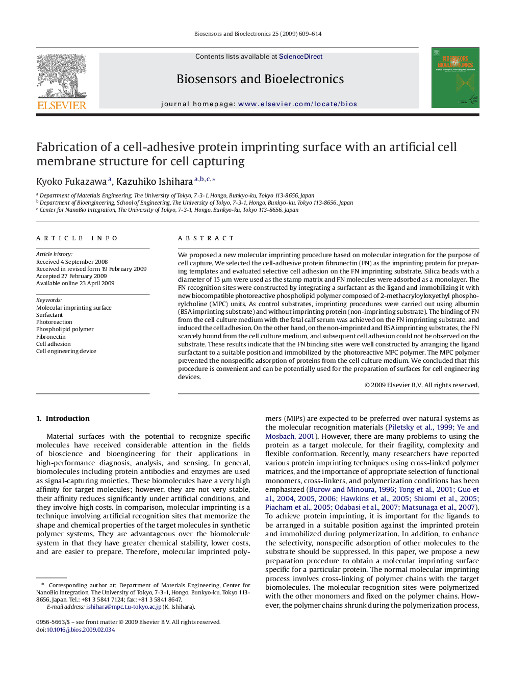 Fabrication of a cell-adhesive protein imprinting surface with an artificial cell membrane structure for cell capturing