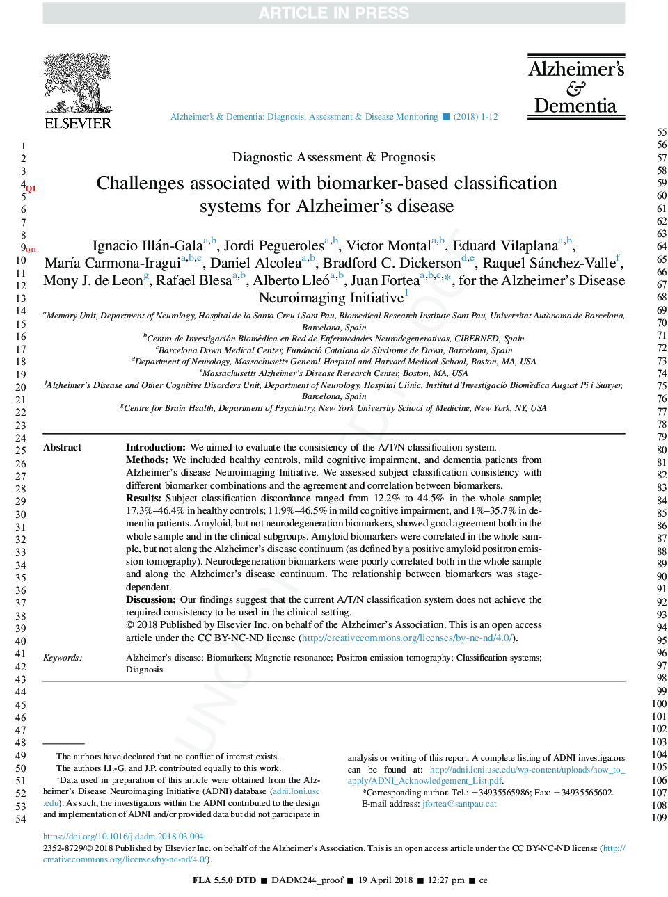 Challenges associated with biomarker-based classification systems for Alzheimer's disease