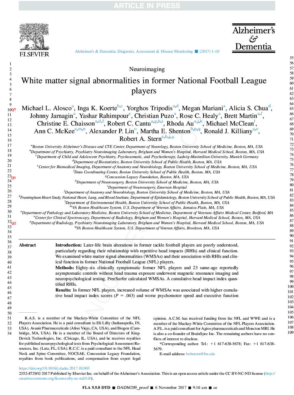 White matter signal abnormalities in former National Football League players
