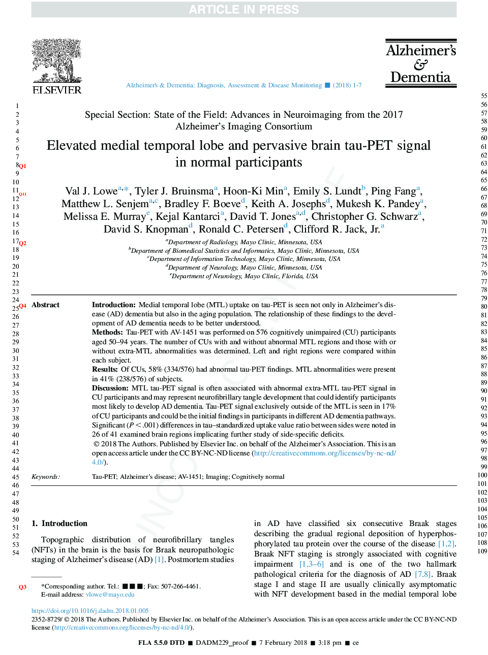 Elevated medial temporal lobe and pervasive brain tau-PET signal in normal participants