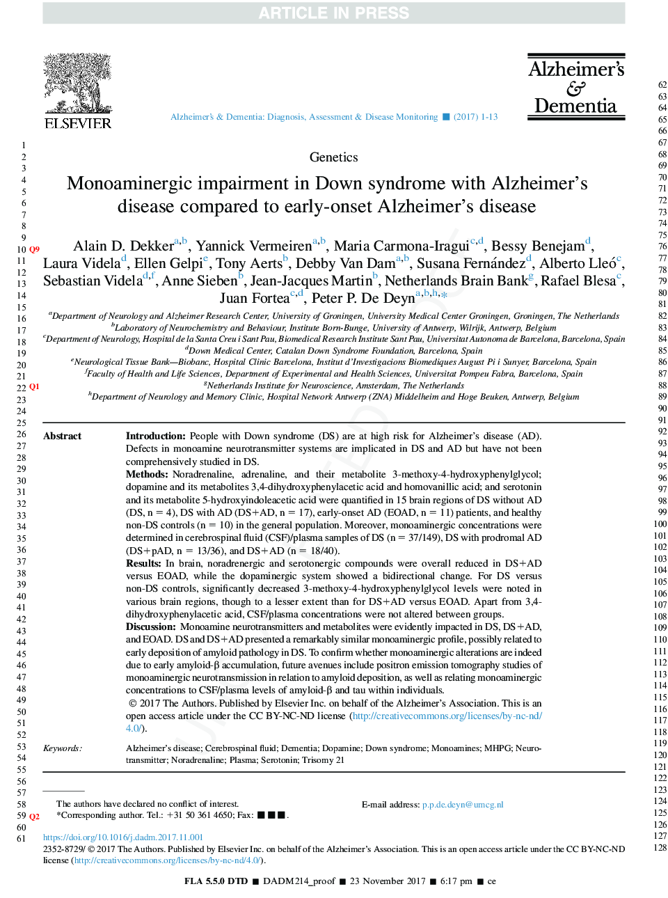 Monoaminergic impairment in Down syndrome with Alzheimer's disease compared to early-onset Alzheimer's disease