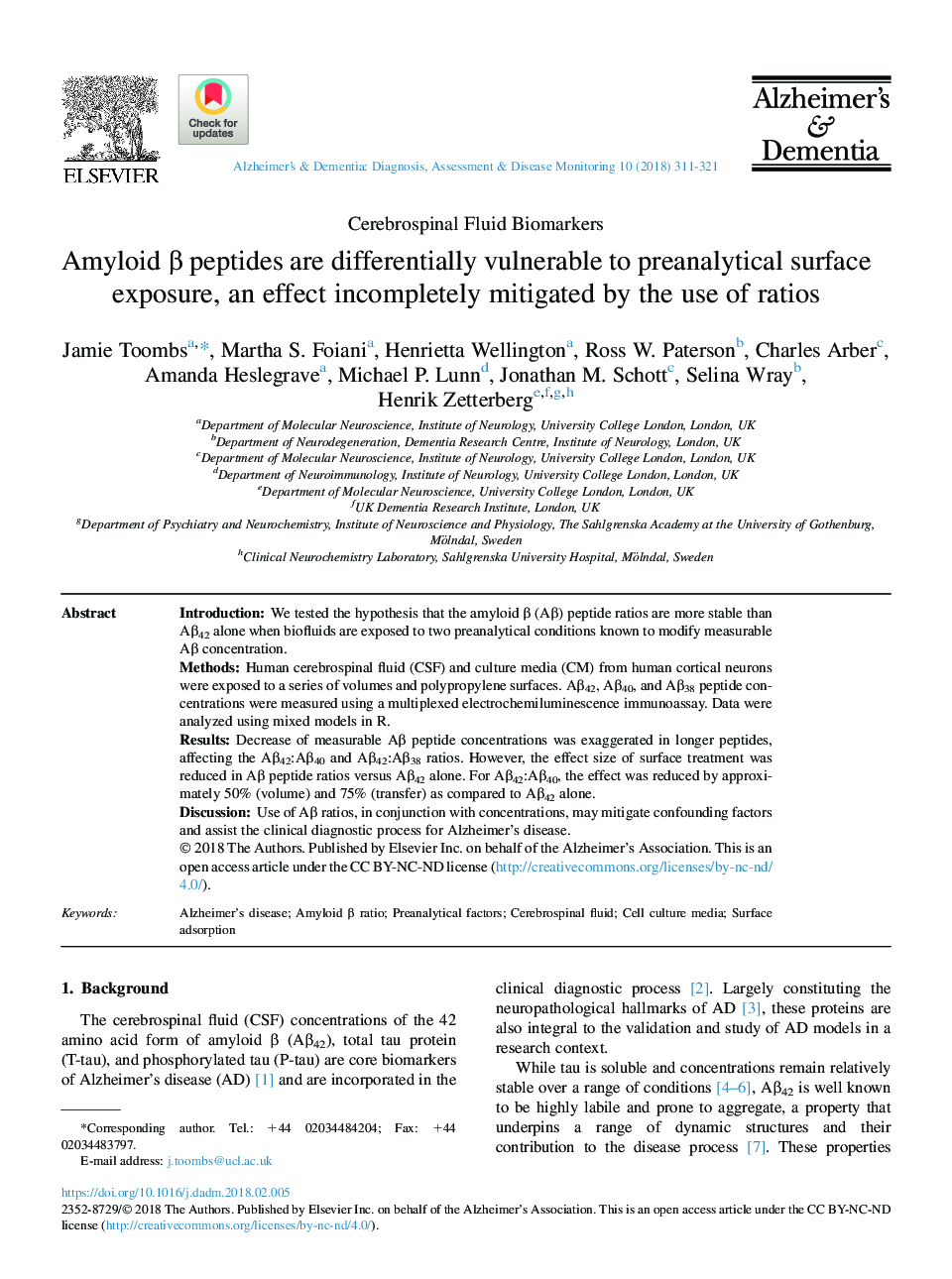 Amyloid Î² peptides are differentially vulnerable to preanalytical surface exposure, an effect incompletely mitigated by the use of ratios