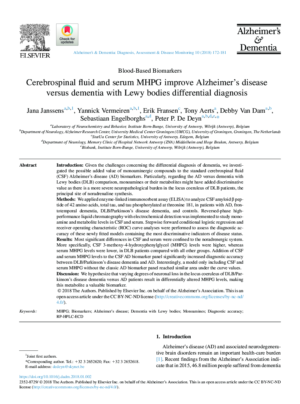 Cerebrospinal fluid and serum MHPG improve Alzheimer's disease versus dementia with Lewy bodies differential diagnosis