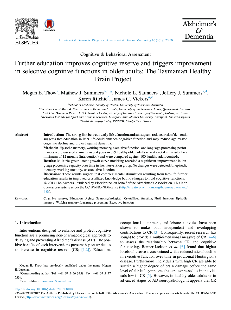 Further education improves cognitive reserve and triggers improvement in selective cognitive functions in older adults: The Tasmanian Healthy Brain Project