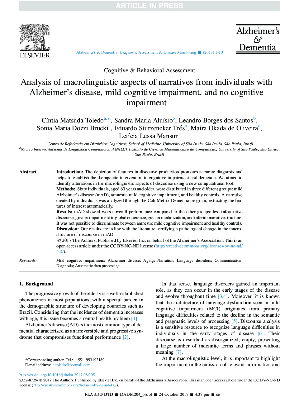 Analysis of macrolinguistic aspects of narratives from individuals with Alzheimer's disease, mild cognitive impairment, and no cognitive impairment