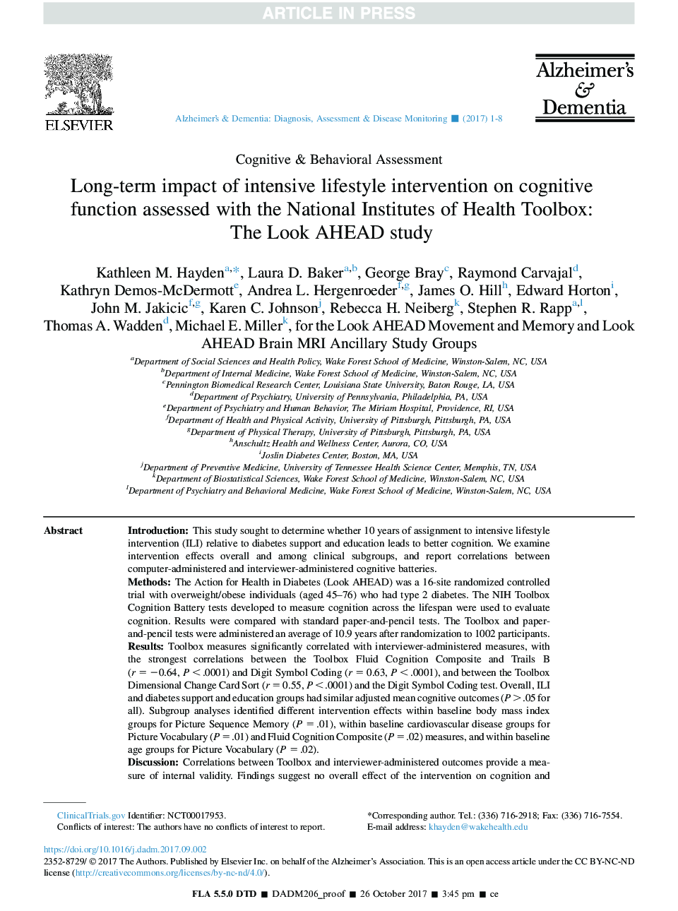 Long-term impact of intensive lifestyle intervention on cognitive function assessed with the National Institutes of Health Toolbox: The Look AHEAD study