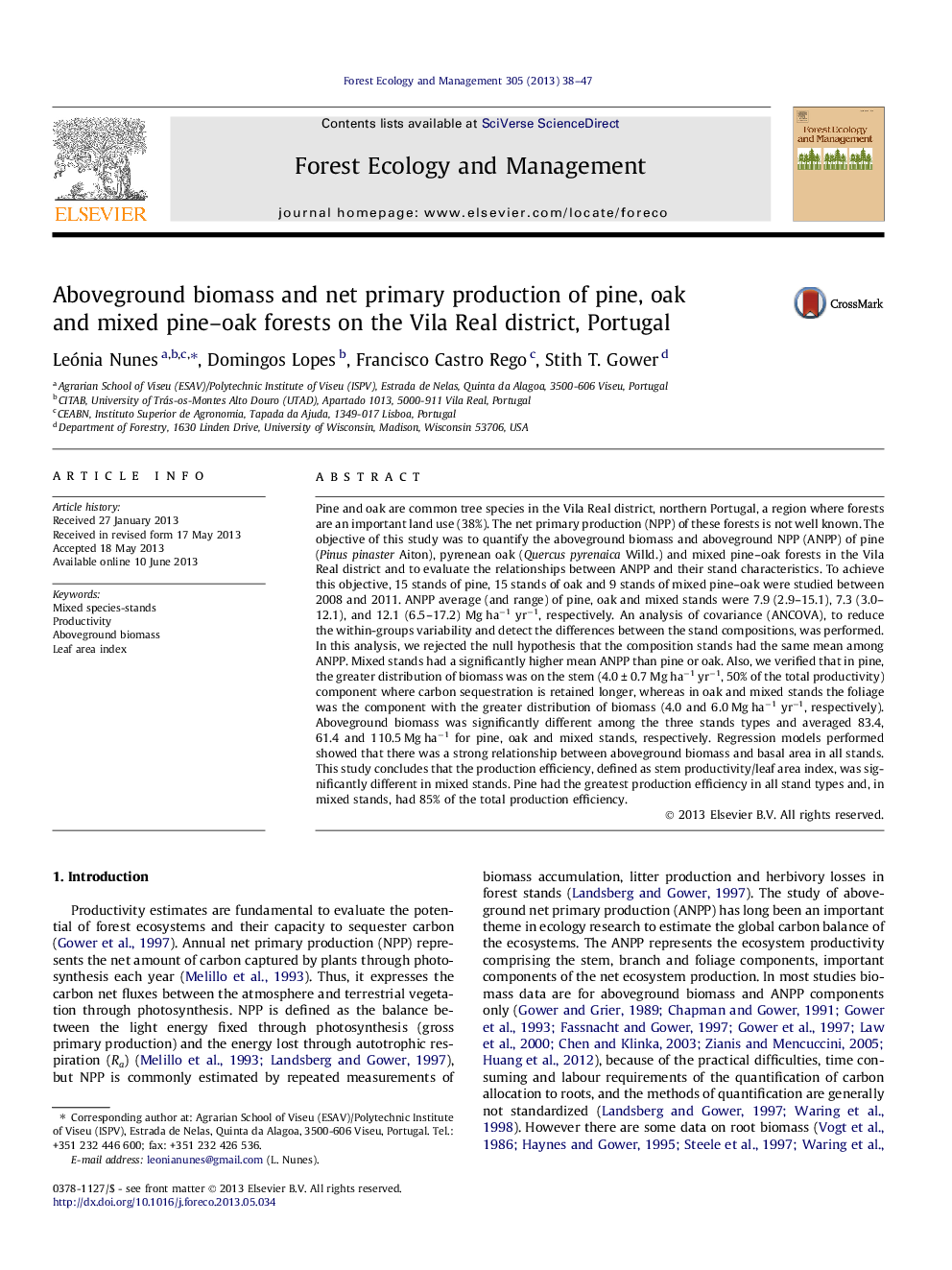 Aboveground biomass and net primary production of pine, oak and mixed pine–oak forests on the Vila Real district, Portugal