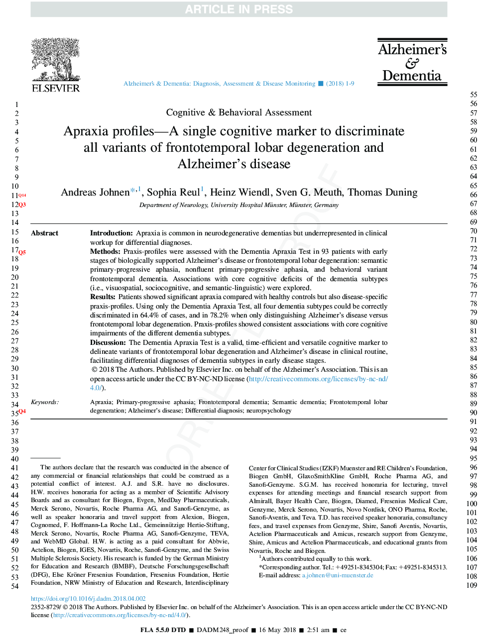 Apraxia profiles-A single cognitive marker to discriminate all variants of frontotemporal lobar degeneration and Alzheimer's disease