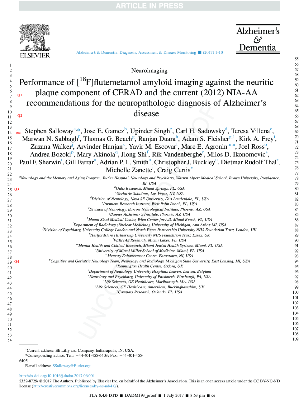 Performance of [18F]flutemetamol amyloid imaging against the neuritic plaque component of CERAD and the current (2012) NIA-AA recommendations for the neuropathologic diagnosis of Alzheimer's disease