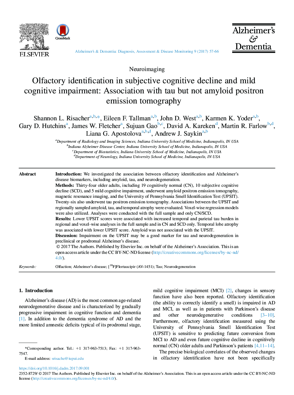 Olfactory identification in subjective cognitive decline and mild cognitive impairment: Association with tau but not amyloid positron emission tomography