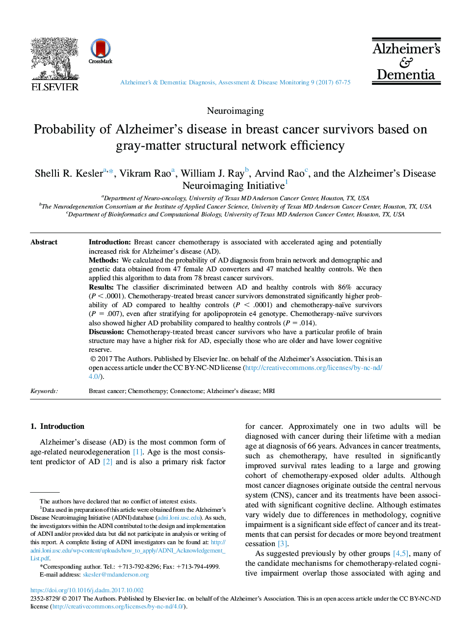 Probability of Alzheimer's disease in breast cancer survivors based on gray-matter structural network efficiency