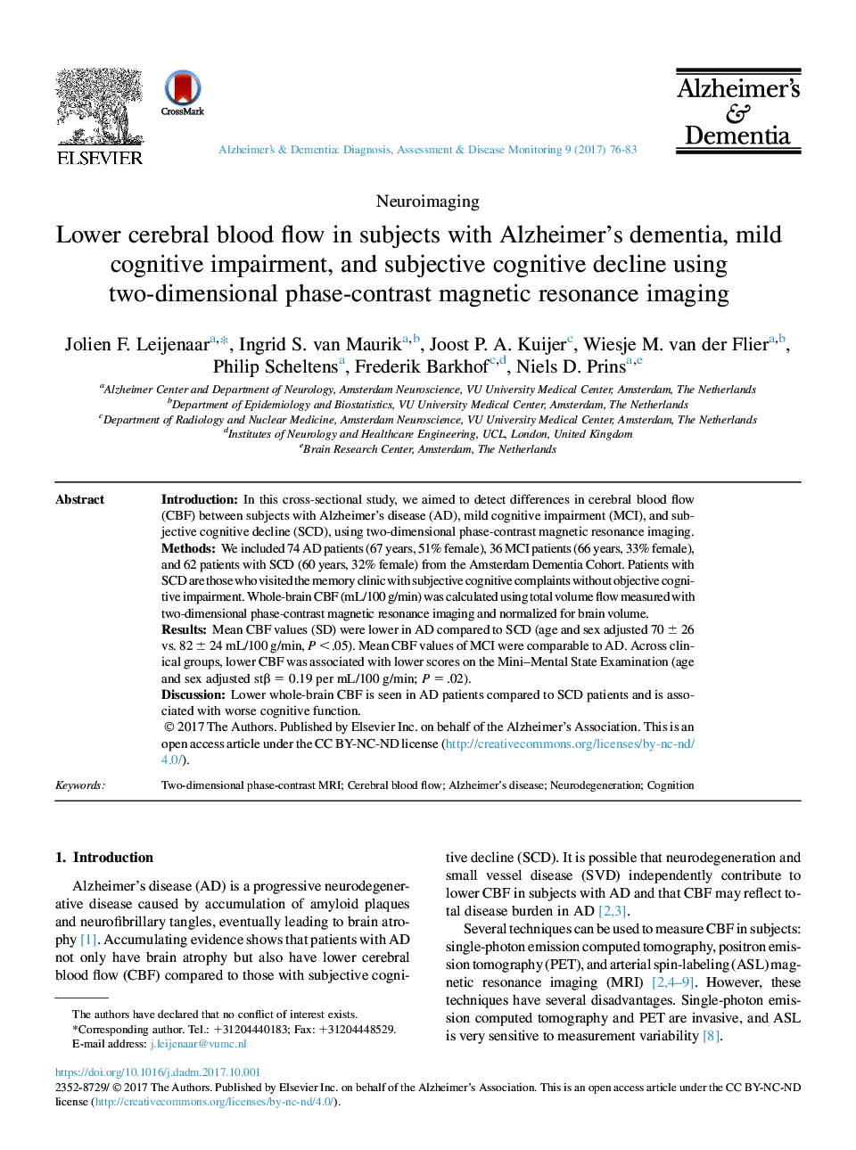 Lower cerebral blood flow in subjects with Alzheimer's dementia, mild cognitive impairment, and subjective cognitive decline using two-dimensional phase-contrast magnetic resonance imaging