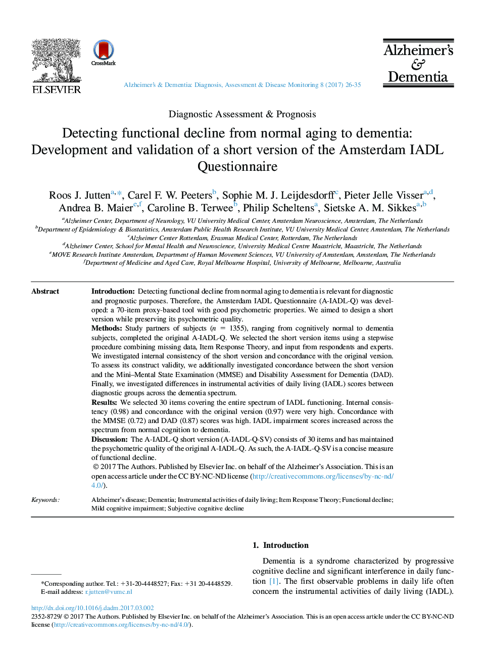 Detecting functional decline from normal aging to dementia: Development and validation of a short version of the Amsterdam IADL Questionnaire