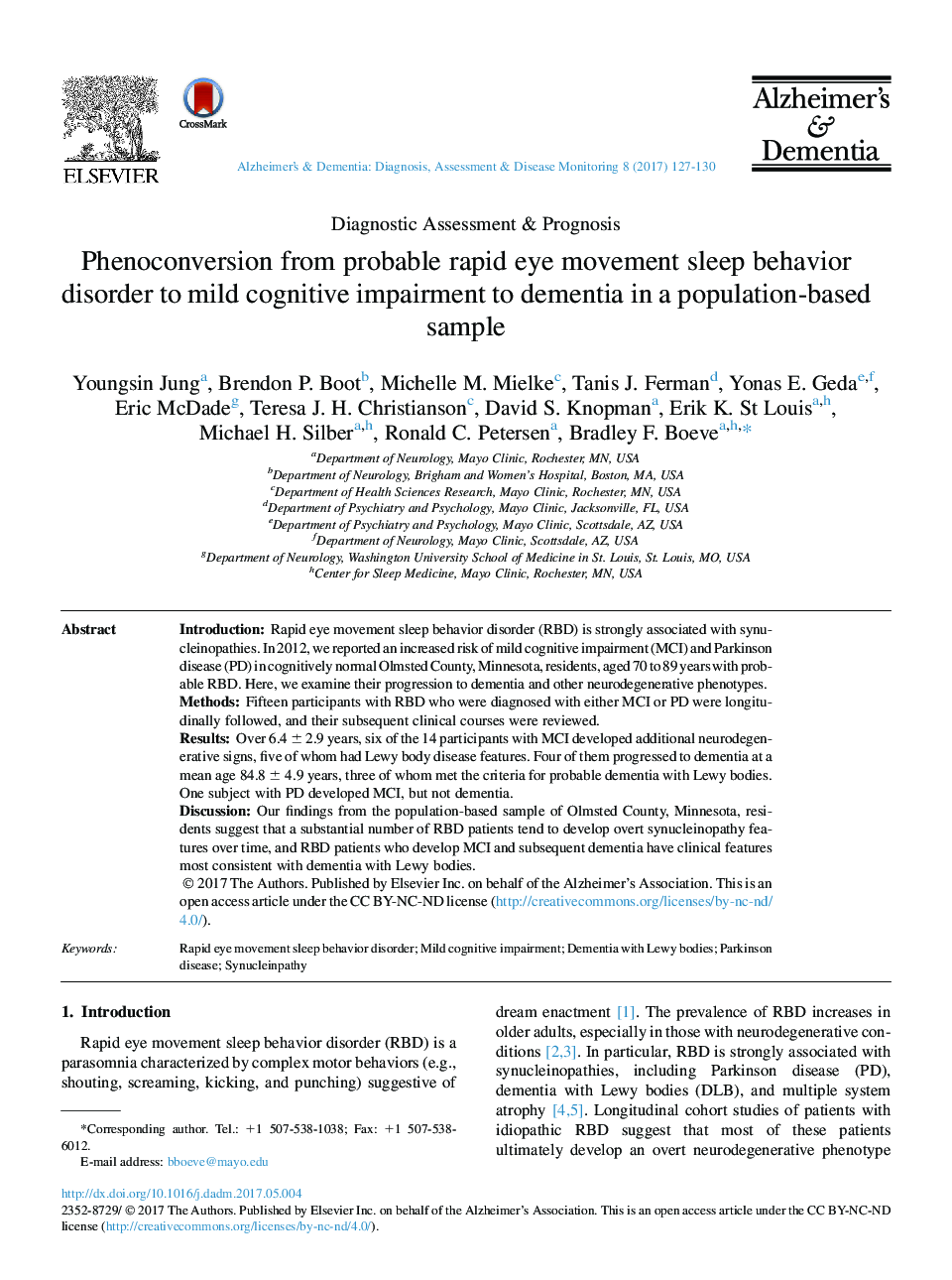 Phenoconversion from probable rapid eye movement sleep behavior disorder to mild cognitive impairment to dementia in a population-based sample