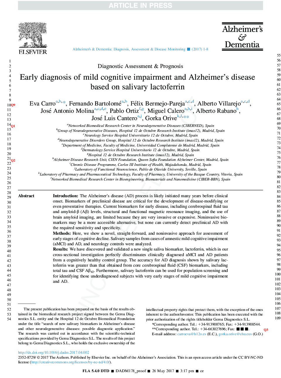 Early diagnosis of mild cognitive impairment and Alzheimer's disease based on salivary lactoferrin