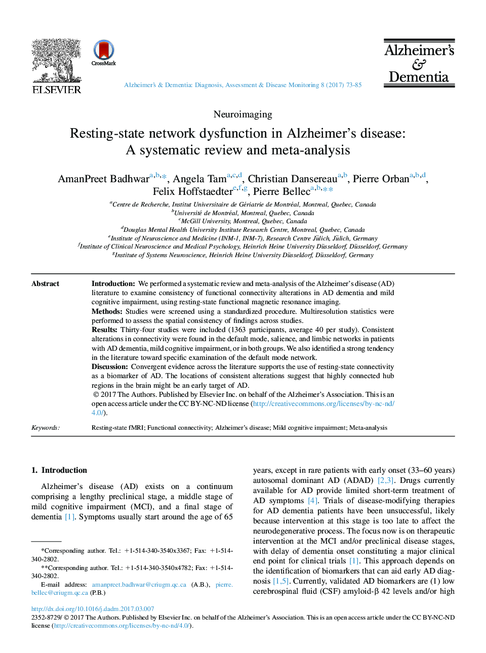 Resting-state network dysfunction in Alzheimer's disease: A systematic review and meta-analysis