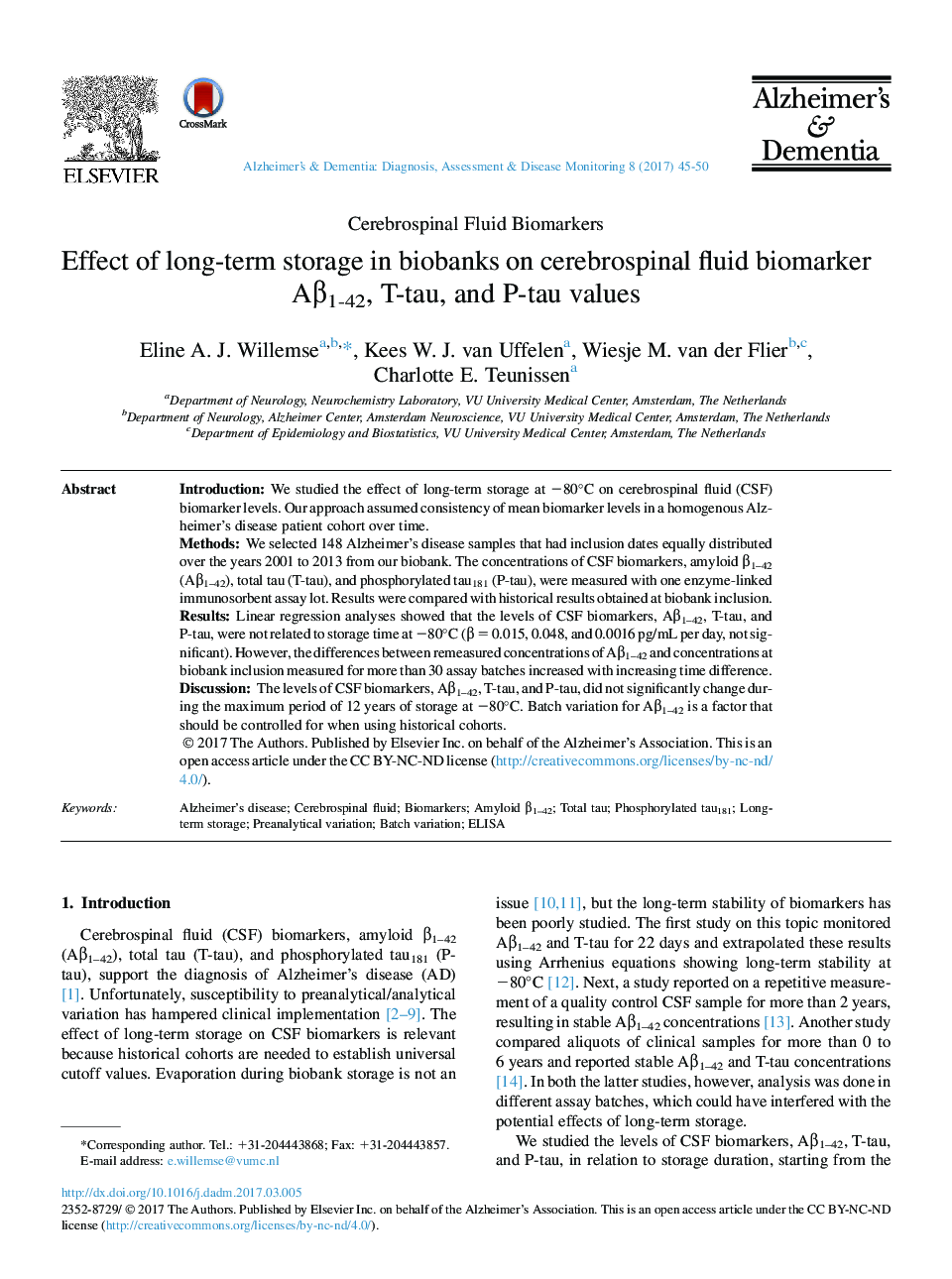 Effect of long-term storage in biobanks on cerebrospinal fluid biomarker AÎ²1-42, T-tau, and P-tau values