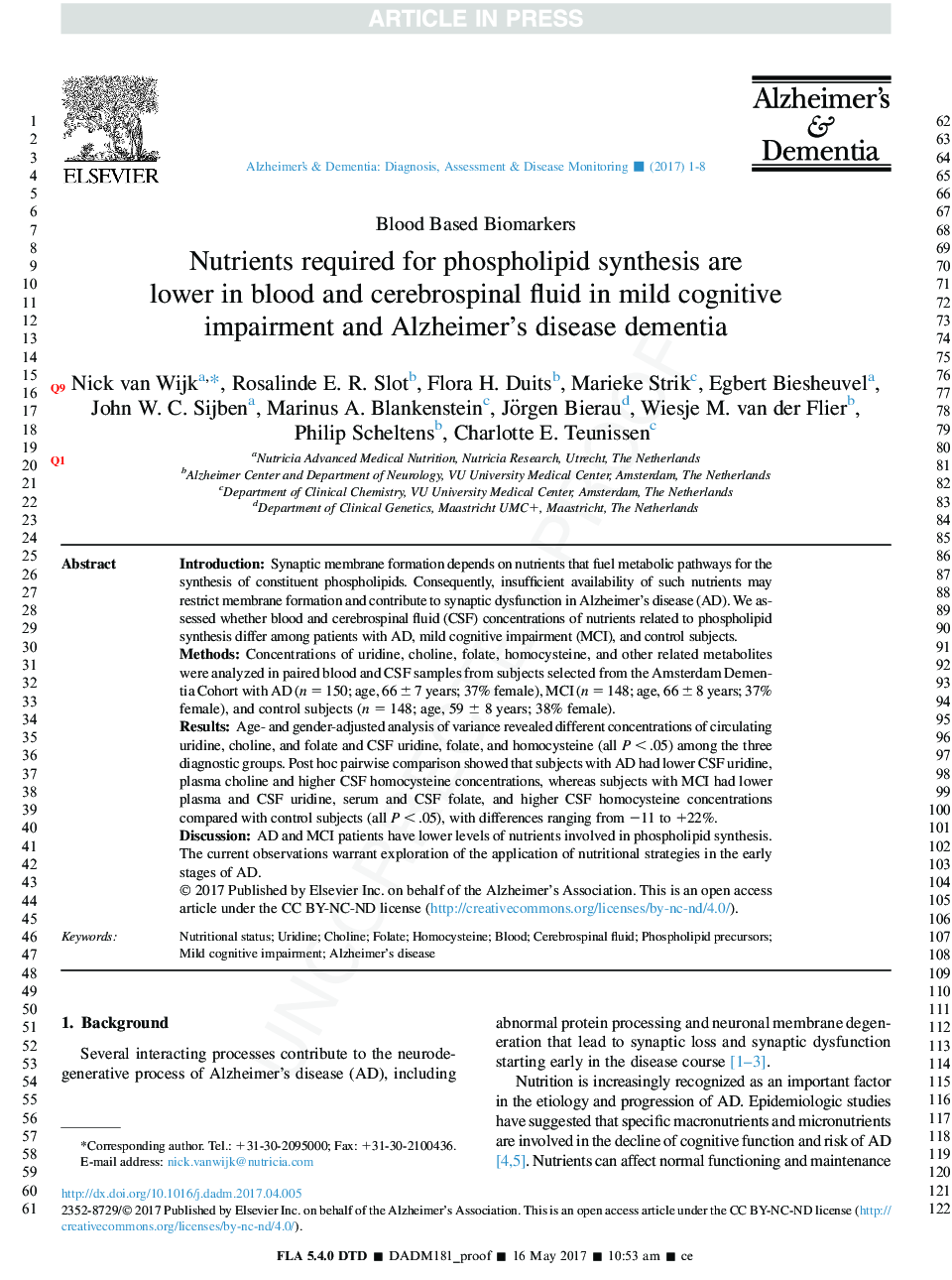 Nutrients required for phospholipid synthesis are lower in blood and cerebrospinal fluid in mild cognitive impairment and Alzheimer's disease dementia