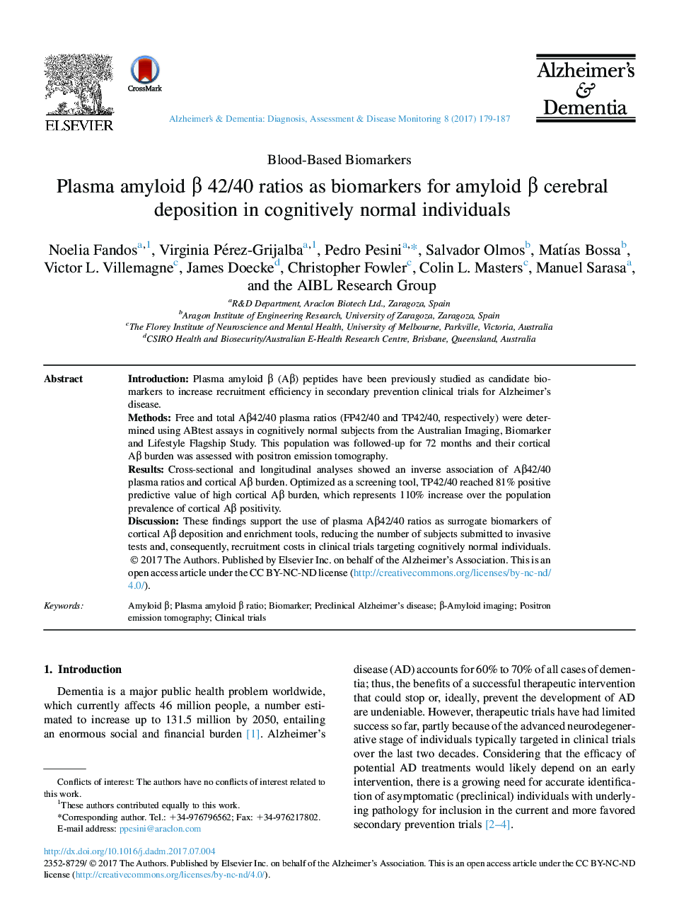 Plasma amyloid Î² 42/40 ratios as biomarkers for amyloid Î² cerebral deposition in cognitively normal individuals