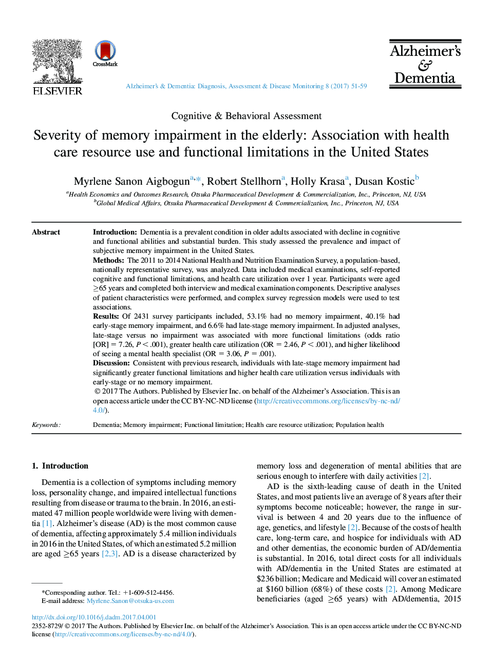 Severity of memory impairment in the elderly: Association with health care resource use and functional limitations in the United States