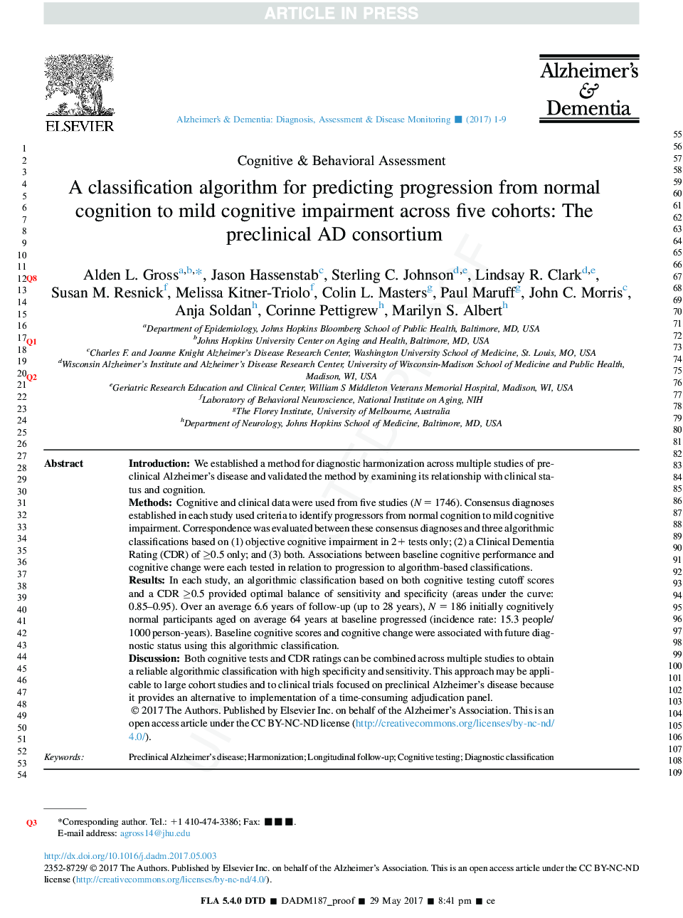 A classification algorithm for predicting progression from normal cognition to mild cognitive impairment across five cohorts: The preclinical AD consortium