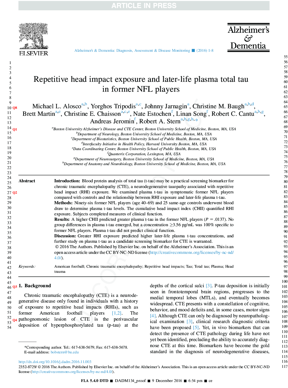 Repetitive head impact exposure and later-life plasma total tau in former National Football League players