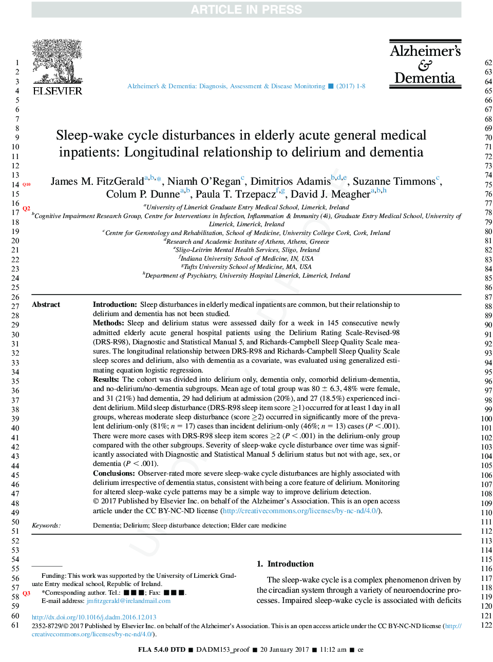 Sleep-wake cycle disturbances in elderly acute general medical inpatients: Longitudinal relationship to delirium and dementia