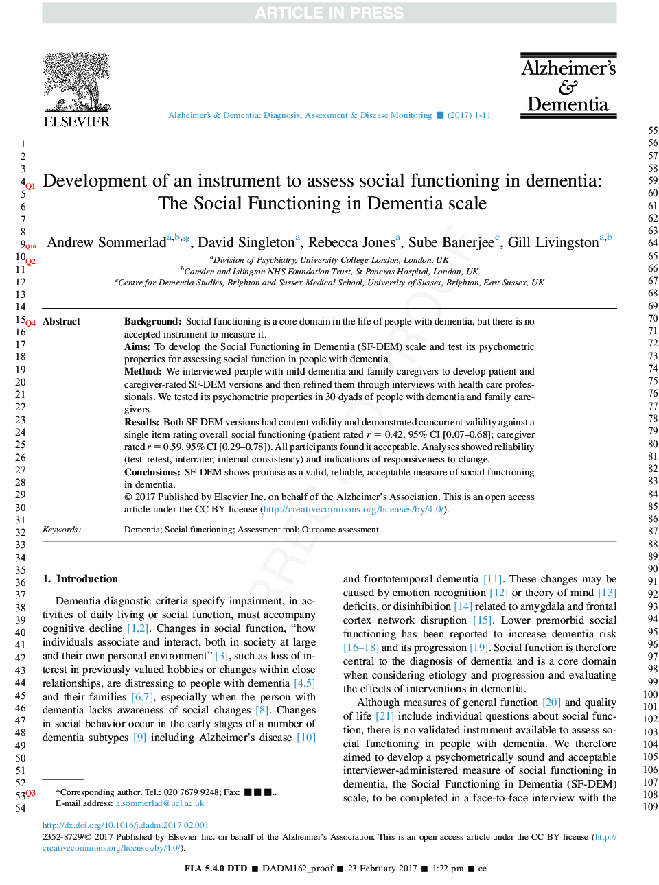 Development of an instrument to assess social functioning in dementia: The Social Functioning in Dementia scale (SF-DEM)