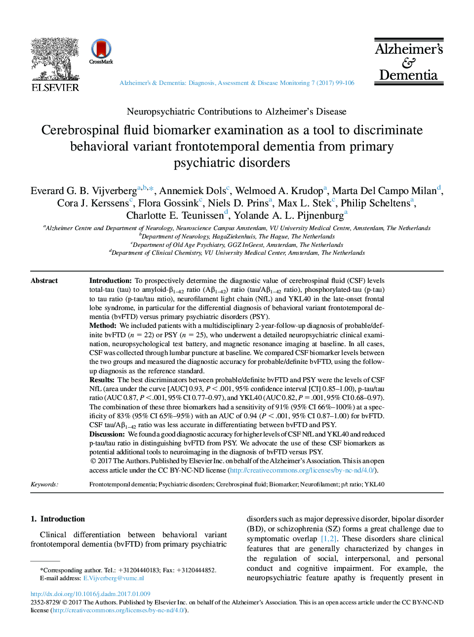 Cerebrospinal fluid biomarker examination as a tool to discriminate behavioral variant frontotemporal dementia from primary psychiatricÂ disorders