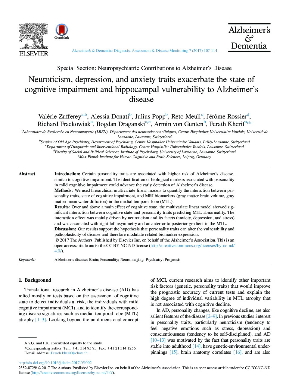 Neuroticism, depression, and anxiety traits exacerbate the state of cognitive impairment and hippocampal vulnerability to Alzheimer's disease