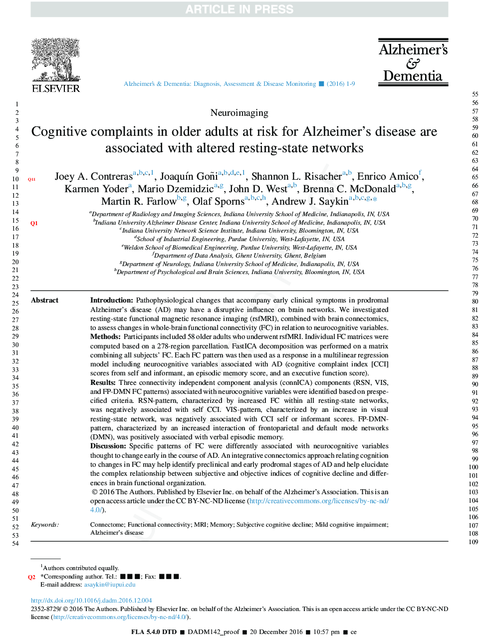 Cognitive complaints in older adults at risk for Alzheimer's disease are associated with altered resting-state networks