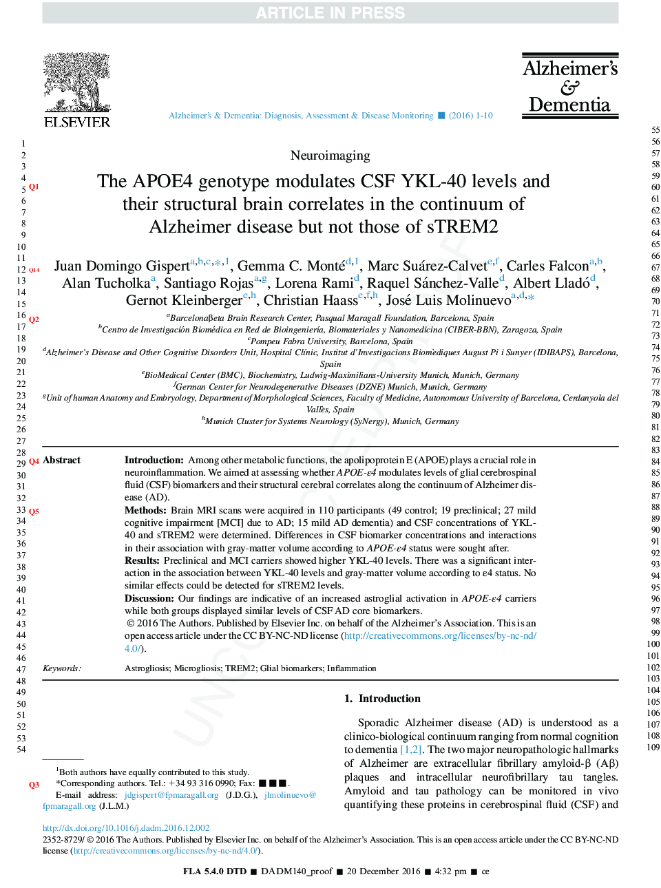 The APOE Îµ4 genotype modulates CSF YKL-40 levels and their structural brain correlates in the continuum of Alzheimer's disease but not those of sTREM2