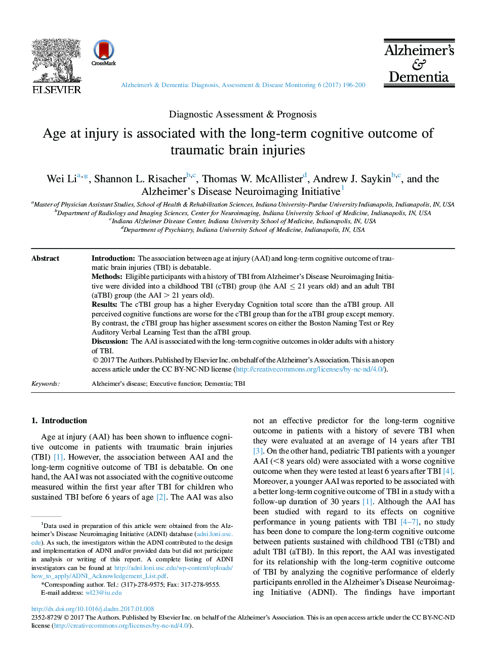 Age at injury is associated with the long-term cognitive outcome of traumatic brain injuries