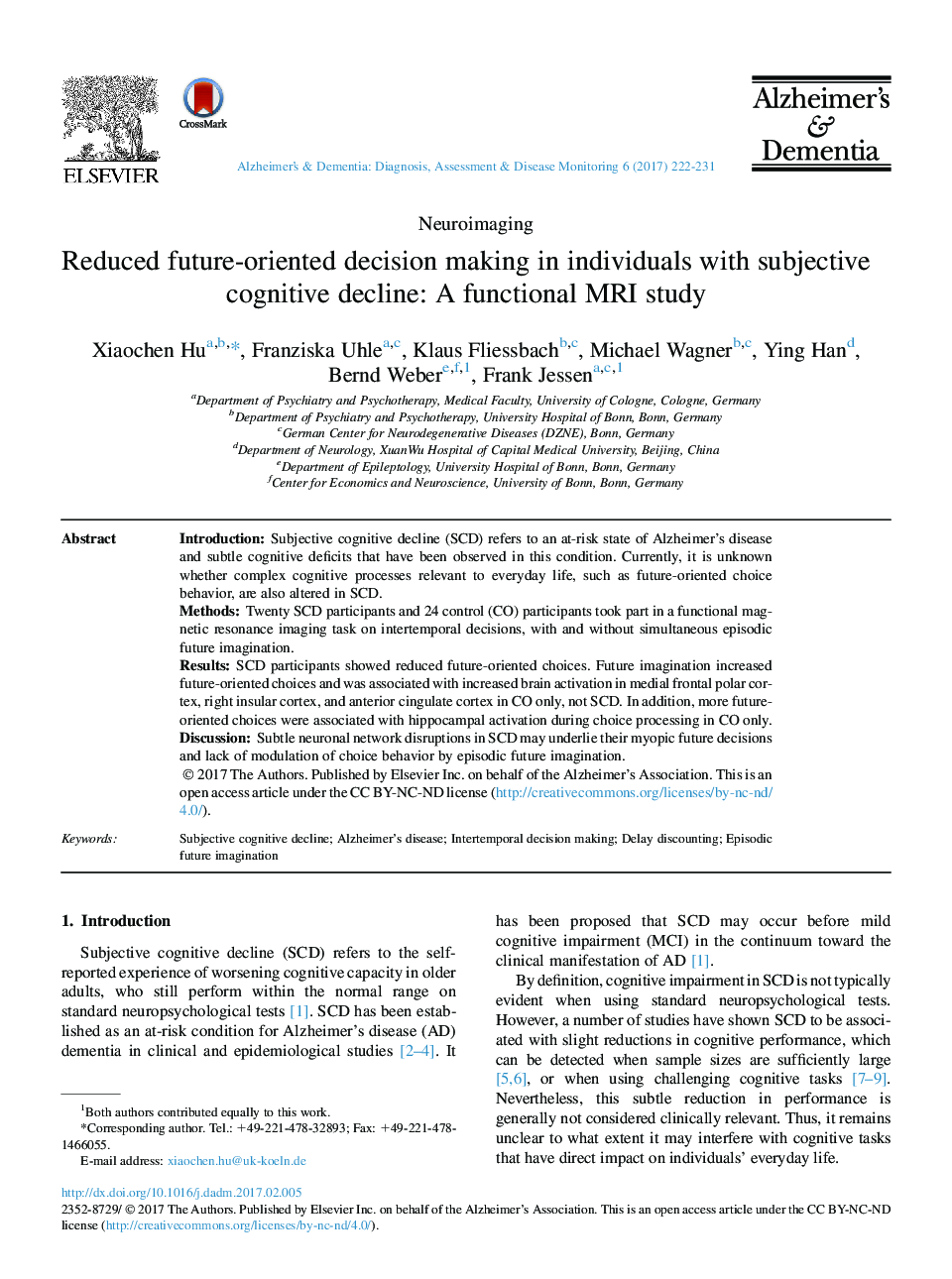 Reduced future-oriented decision making in individuals with subjective cognitive decline: A functional MRI study