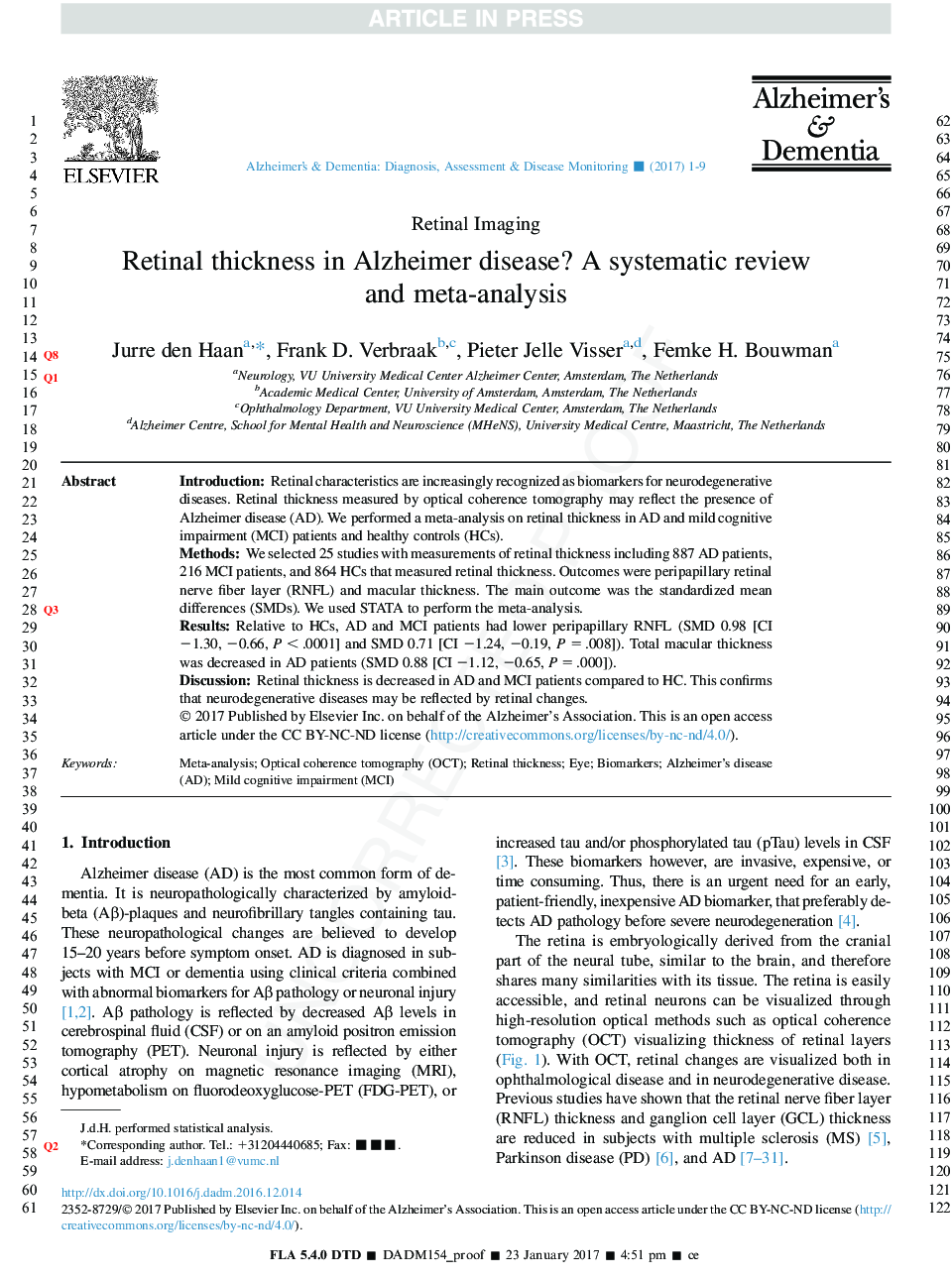 Retinal thickness in Alzheimer's disease: A systematic review andÂ meta-analysis