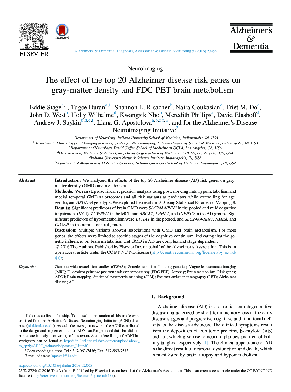 The effect of the top 20 Alzheimer disease risk genes on gray-matter density and FDG PET brain metabolism