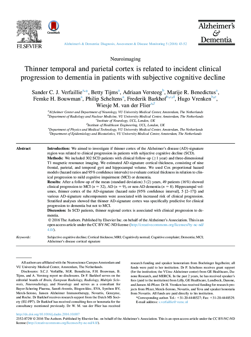 Thinner temporal and parietal cortex is related to incident clinical progression to dementia in patients with subjective cognitive decline