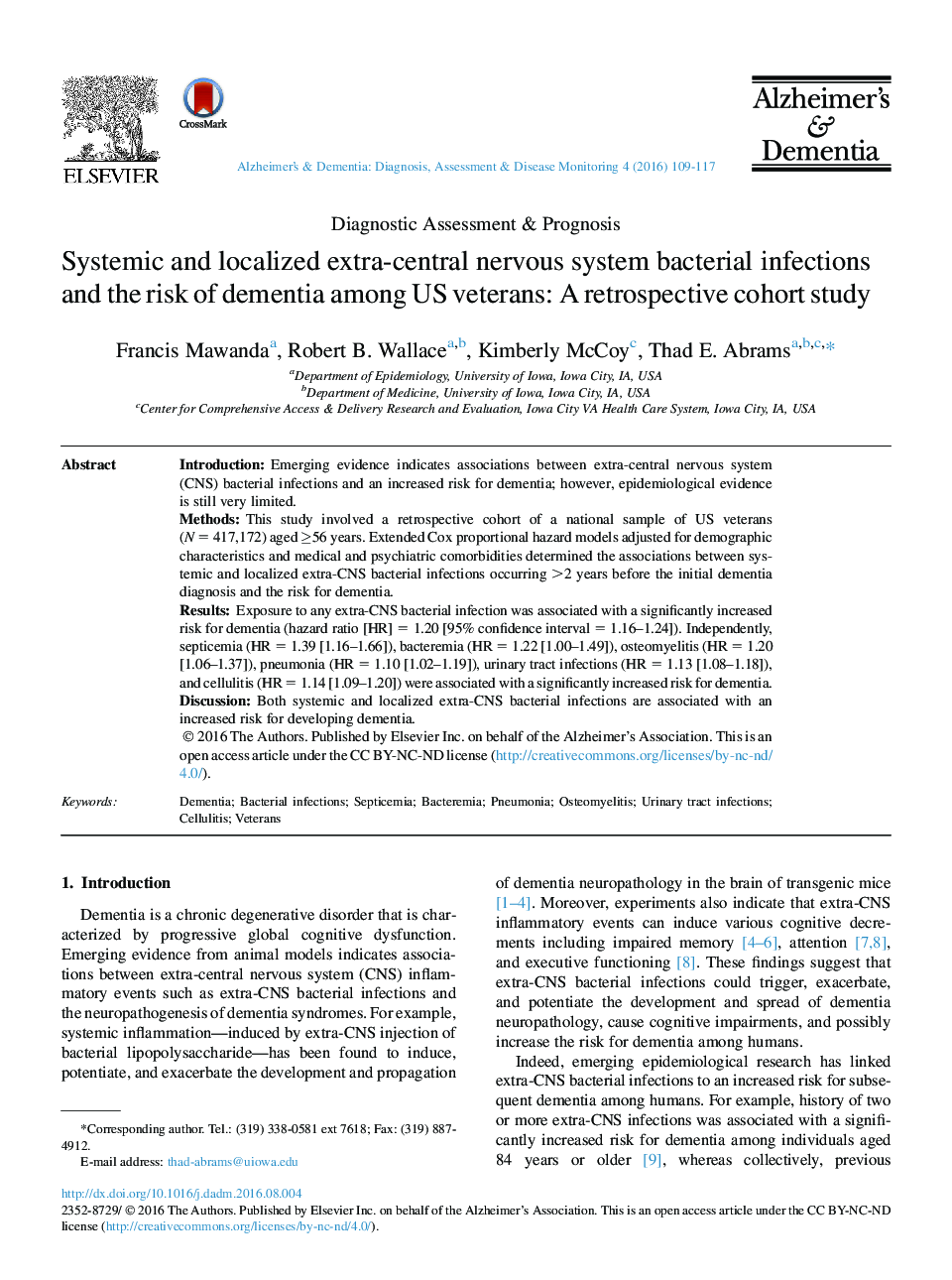 Systemic and localized extra-central nervous system bacterial infections and the risk of dementia among US veterans: A retrospective cohort study