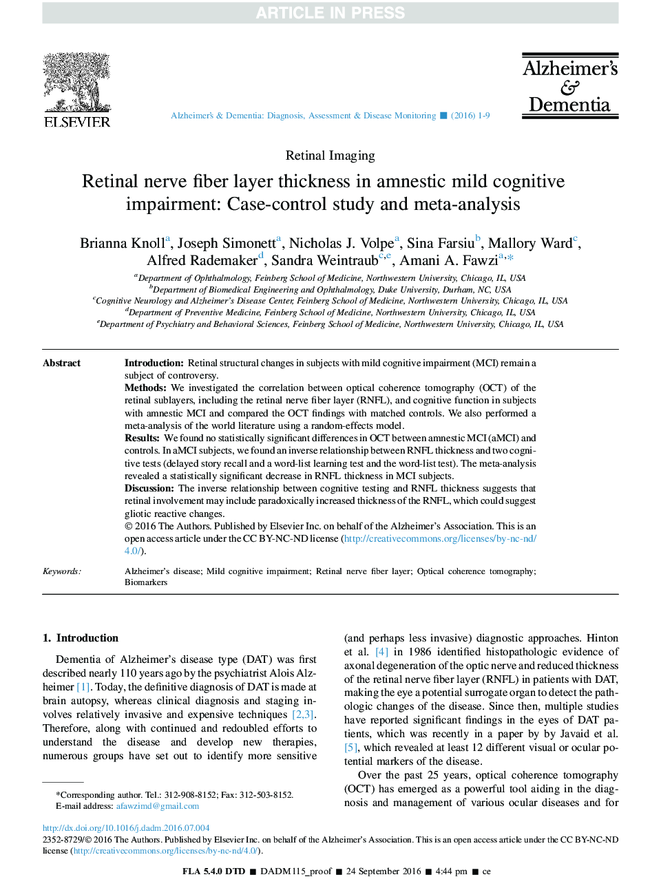 Retinal nerve fiber layer thickness in amnestic mild cognitive impairment: Case-control study and meta-analysis