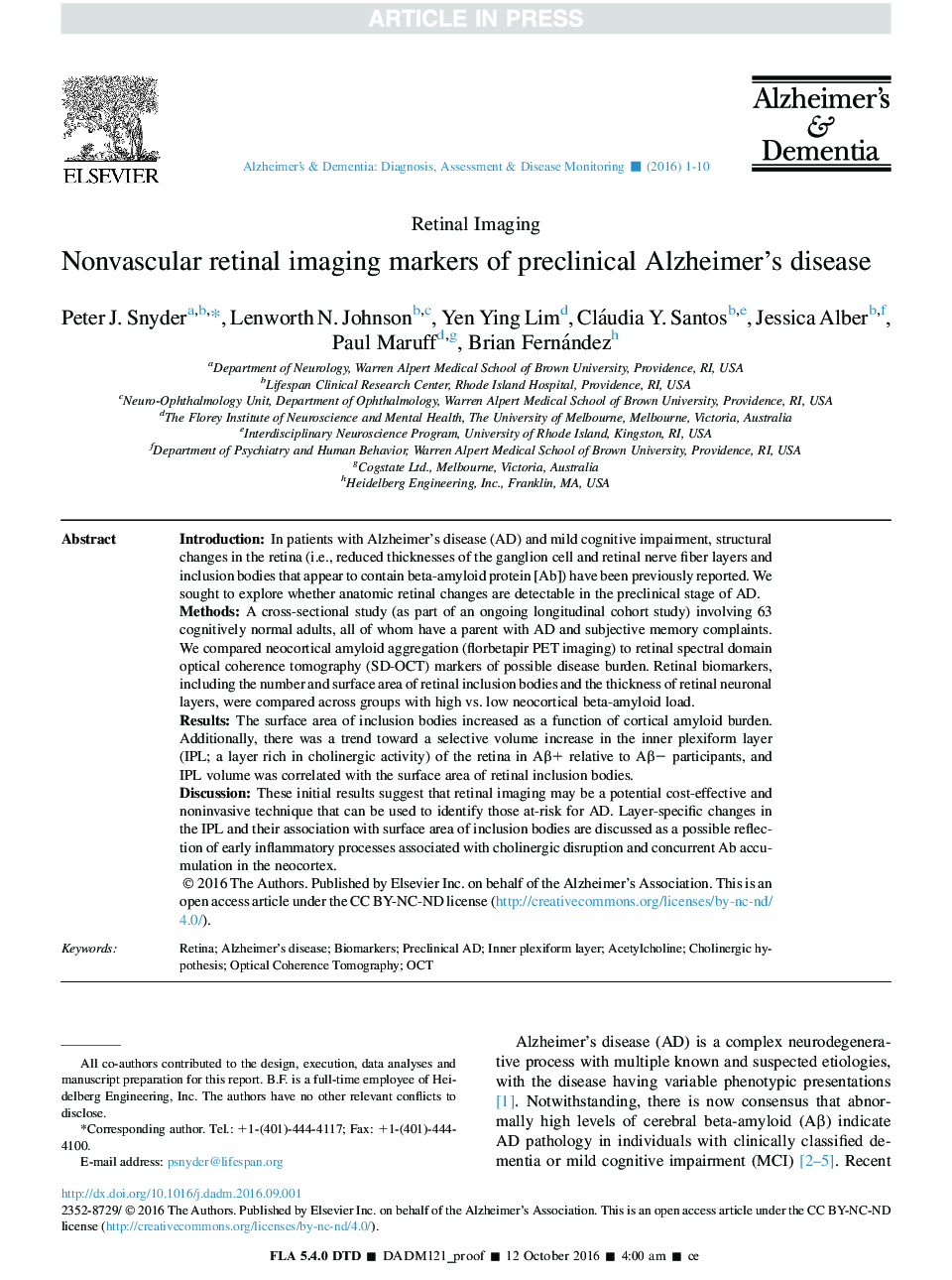 Nonvascular retinal imaging markers of preclinical Alzheimer's disease