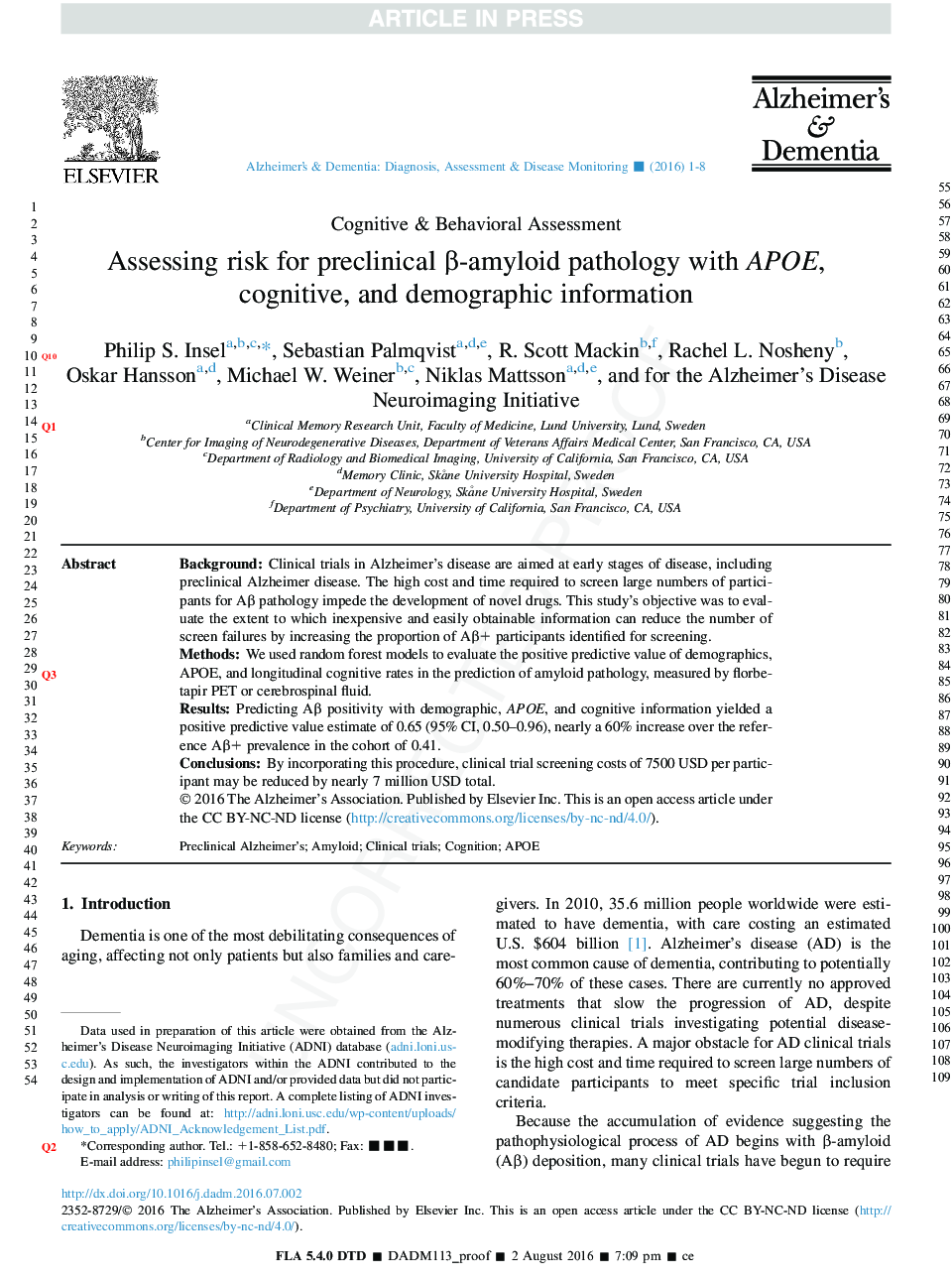 Assessing risk for preclinical Î²-amyloid pathology with APOE, cognitive, and demographic information